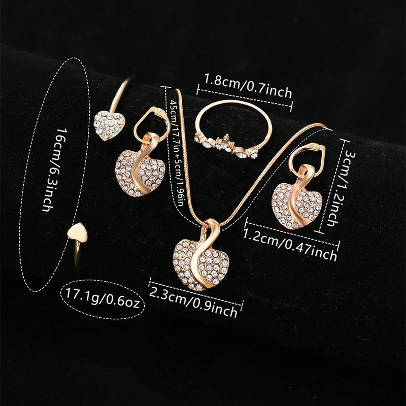 Conjunto feminino elegante, incluindo relógio de pulso, anel, colar e brincos, todos com detalhes em strass. Relógio com movimento quartz confiável e design fashion dourado, ideal para complementar looks casuais ou ocasiões especiais