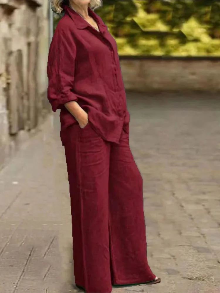 Conjunto Feminino de Algodão e Linho – Blusa de Manga Longa e Calça Pantalona Conjunto elegante e confortável para primavera e outono, composto por blusa de manga longa e calça de perna larga em algodão e linho