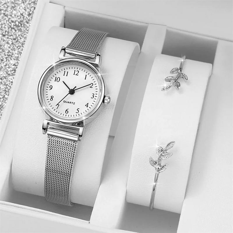 Conjunto feminino elegante, incluindo relógio de pulso e pulseira combinando, com mostrador simples e design moderno. Relógio com movimento quartz confiável, ideal para complementar looks casuais ou formais