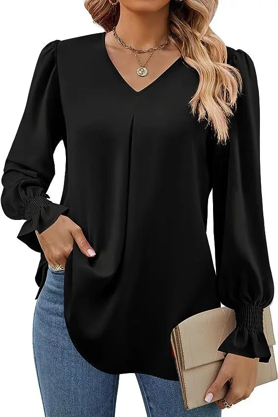 Blusa Feminina de Chiffon – Manga Longa Flare – Decote V – Office Lady Elegante