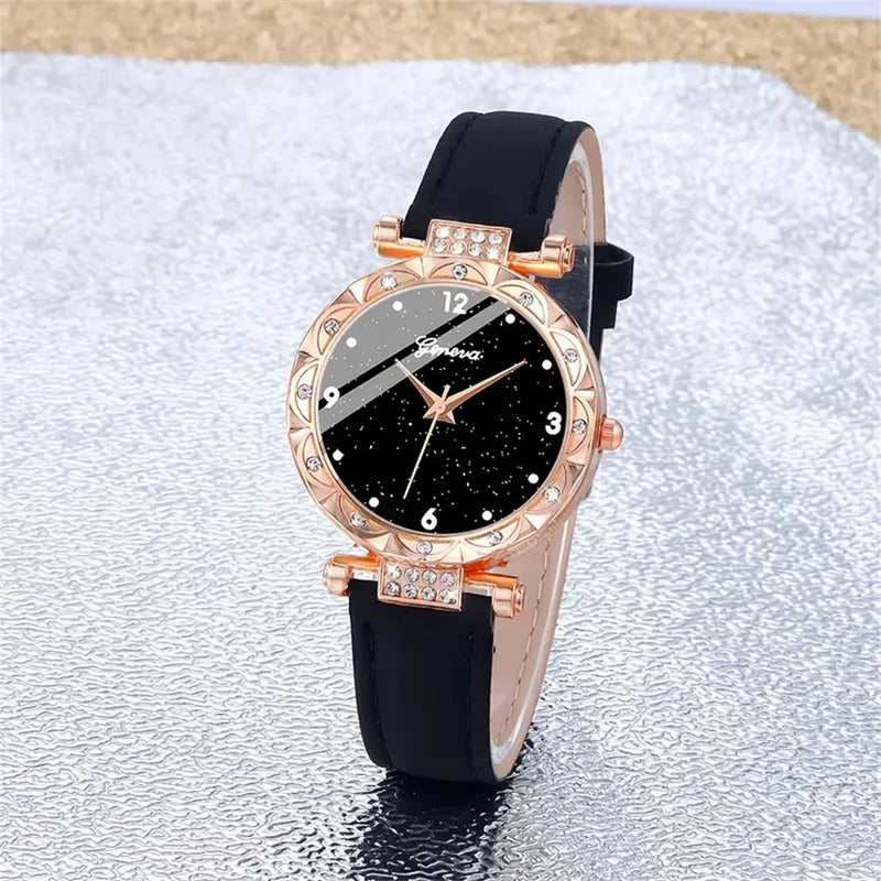 Conjunto de 5 peças femininos sofisticados, com design elegante e detalhes em strass brilhantes. Movimento quartz confiável, ideais para complementar looks do dia a dia ou ocasiões especiais