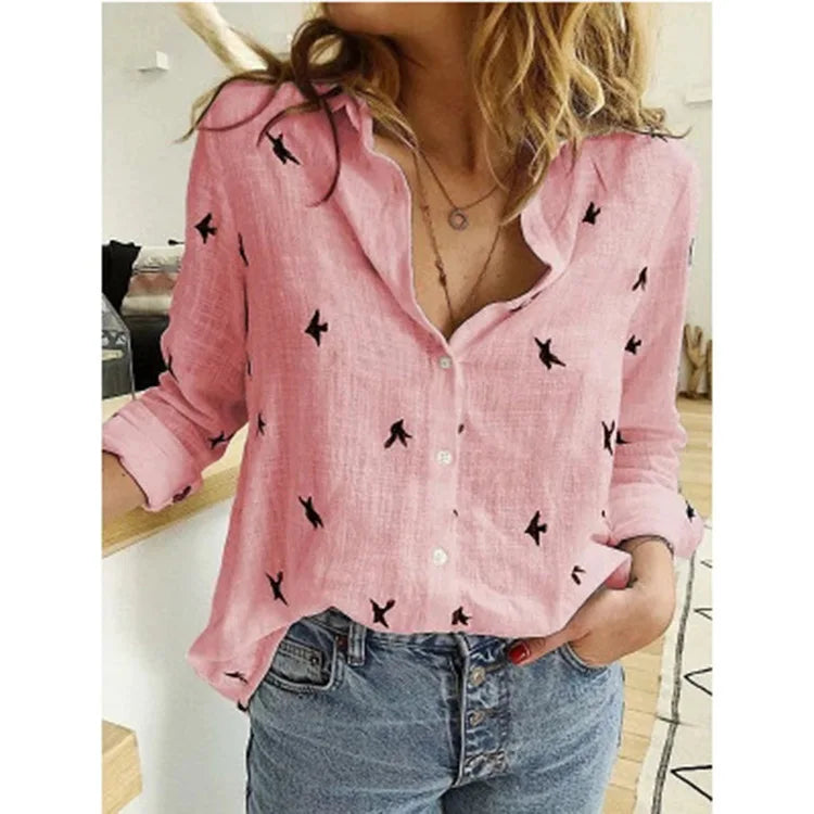 Blusa Feminina de Algodão e Linho – Manga Longa Casual e Elegante Blusa feminina leve e confortável, feita em algodão e linho, com mangas longas, gola com botão e corte solto.