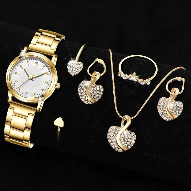Conjunto feminino elegante, incluindo relógio de pulso, anel, colar e brincos, todos com detalhes em strass. Relógio com movimento quartz confiável e design fashion dourado, ideal para complementar looks casuais ou ocasiões especiais