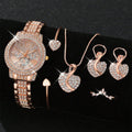 Conjunto feminino elegante, incluindo relógio de pulso, anel, colar e brincos, todos com detalhes em strass. Relógio com movimento quartz confiável e design fashion dourado, ideal para complementar looks casuais ou ocasiões especiais