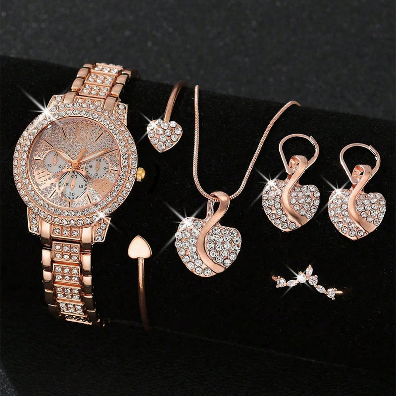 Conjunto feminino elegante, incluindo relógio de pulso, anel, colar e brincos, todos com detalhes em strass. Relógio com movimento quartz confiável e design fashion dourado, ideal para complementar looks casuais ou ocasiões especiais