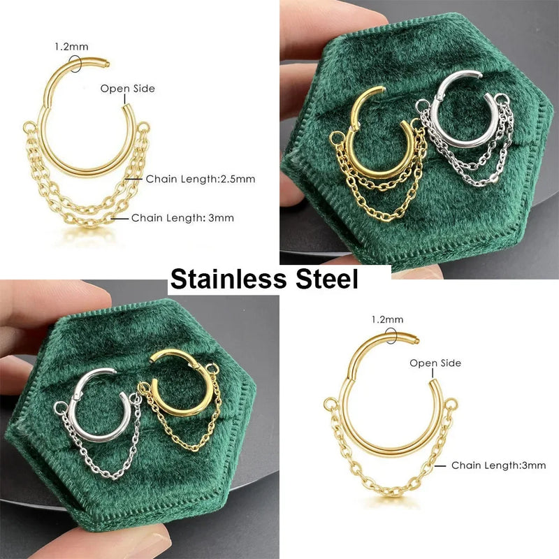 Brincos Femininos de Aço Titânio – Argola com Pingente e Tassel em Zircônia para Cartilagem