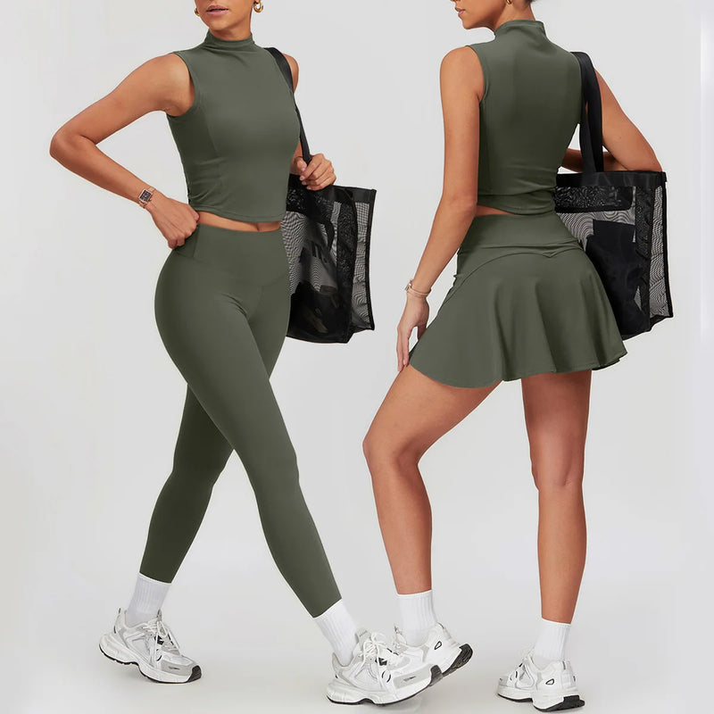 Conjunto Fitness Feminino 2 Peças – Saia com Legging + Regata e Shorts, Conjunto de Yoga, Academia e Treinos, Sportswear Seamless