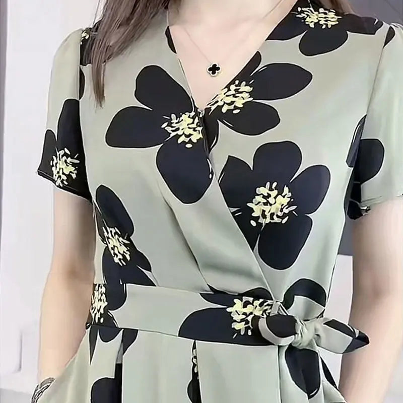 Vestido Feminino – Estampa Floral Fashion, Casual, Decote em V, Pregas na Cintura, Elegante, A-Line, Tipo Bandagem, Verão, Manga Curta, Comprimento Midi.