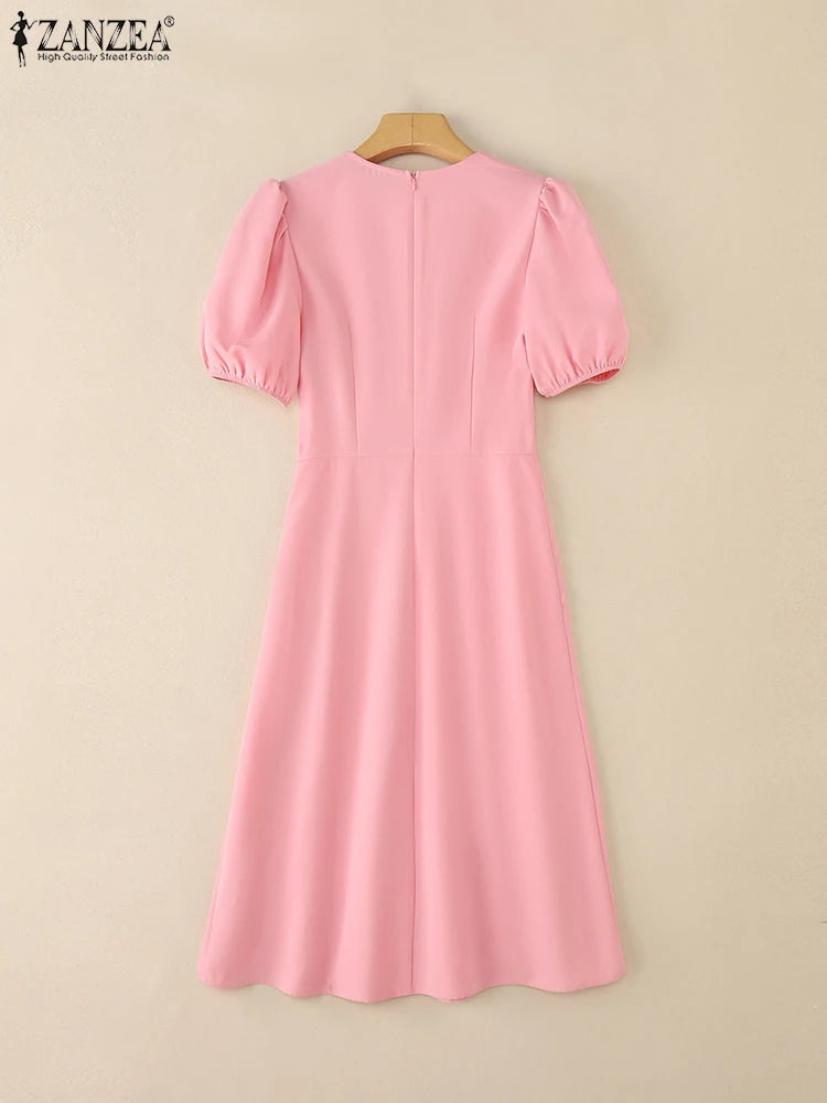 025 ZANZEA Vestido Feminino Estiloso para Festa – Vestido Elegante de Verão com Manga Bufante Curta, Modelo para Trabalho/Escritório, Vestido Plissado, Sundress Midi em Linha A.