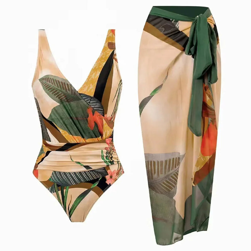 Biquíni feminino em estilo vintage com estampa floral charmosa. O conjunto inclui top + calcinha + saia assimétrica como saída de praia