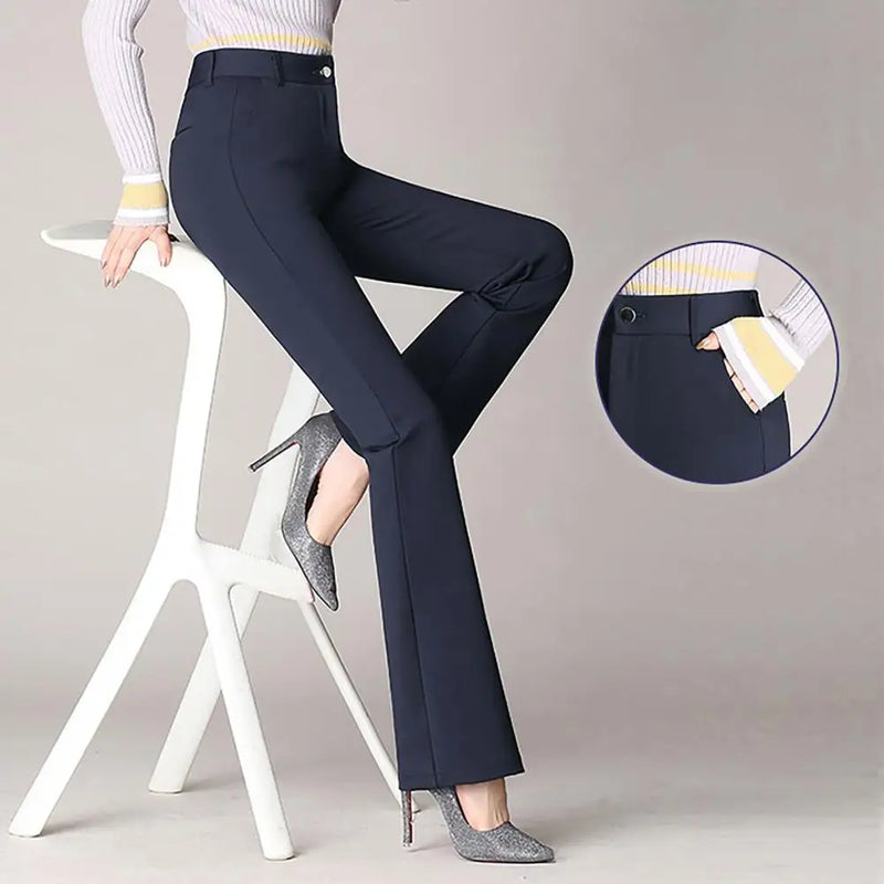 Calça Feminina Flare – Cintura Alta, Cores Sólidas, Elástica, Formal, Longa, Estilo Office Lady