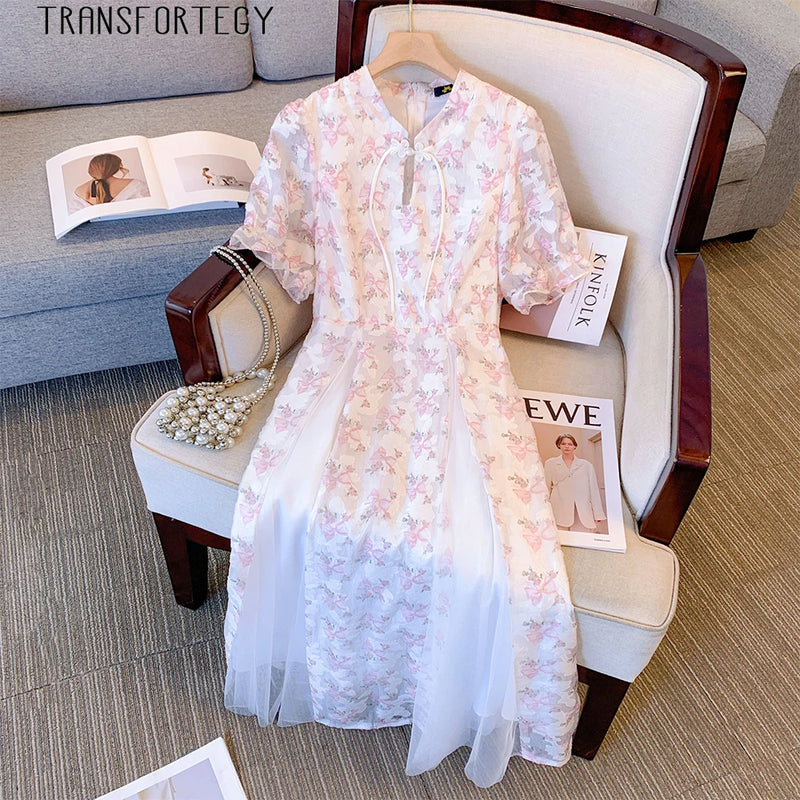 Vestido Casual Feminino Plus Size de Verão Rosa – Estilo Chinês, Solto, Midi, Linha Média, 2025, Cheongsam, Grande.