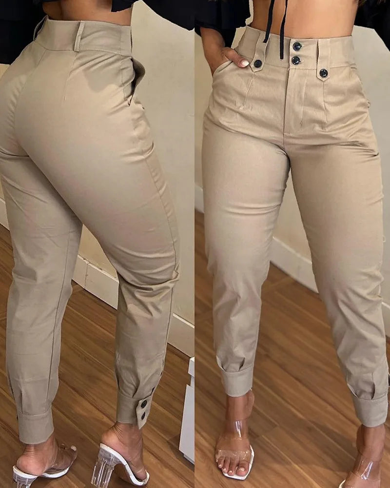 Calça Feminina Casual 2025 – Primavera/Verão, Khaki, Cintura Alta, Bolso, Versátil, Estilo Urbano e Elegante