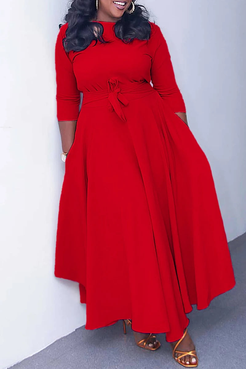 Vestido Midi Plus Size Cáqui Casual 2025 Feminino – Decote Redondo com Bolsos e Amarração.