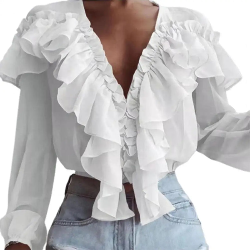 Blusa Feminina 2024 – Gola com Babados Estilo Francês, Manga Longa
