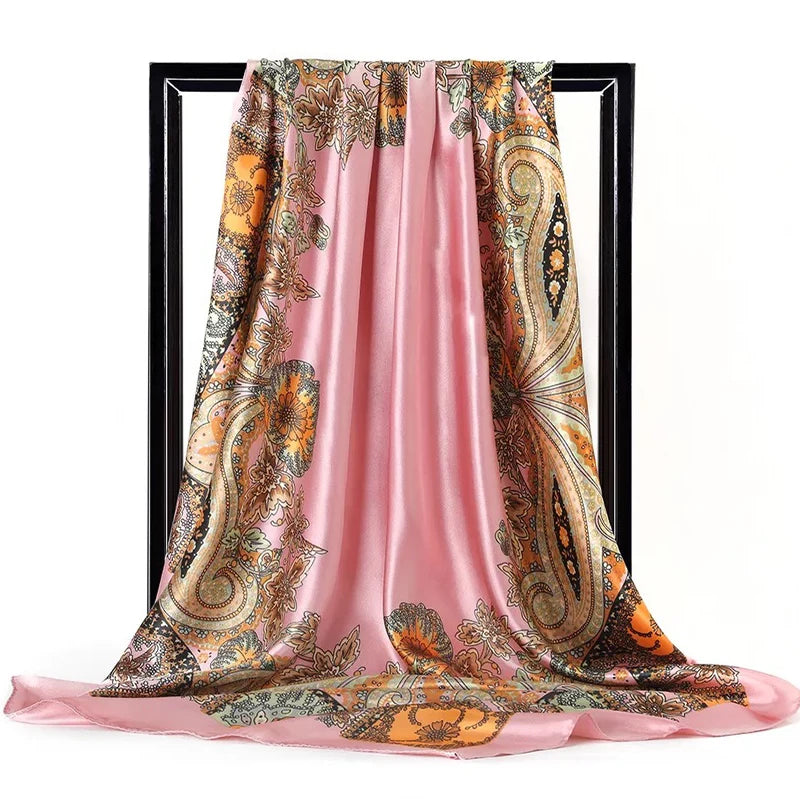 Lenço Quadrado Feminino 90x90cm – Cetim Toque de Seda, Estampado Fashion, Echarpe/Scarf/ Bandana de Luxo