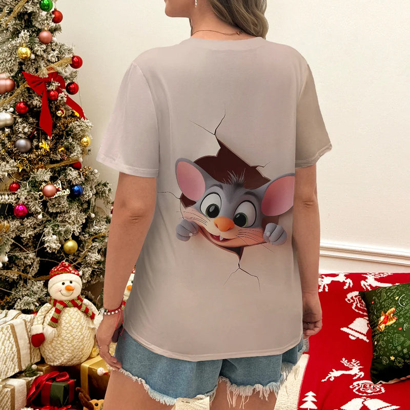 Camiseta Feminina de Verão – Estilo Fofo com Estampa de Ratinho, Manga Curta, Casual e Fashion