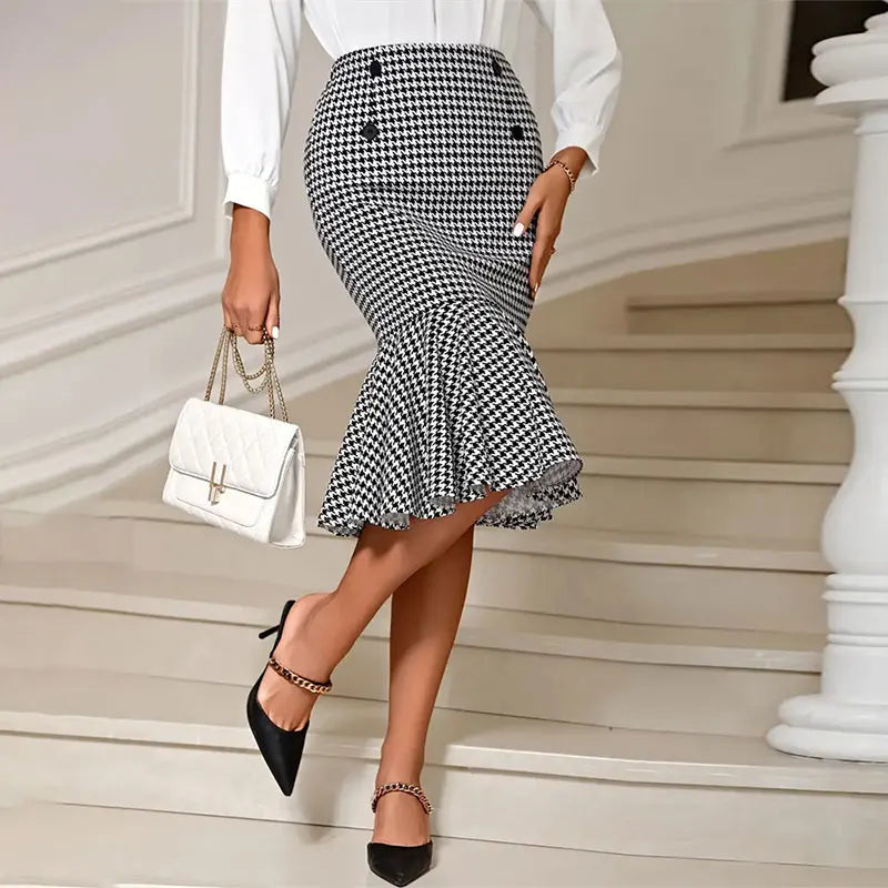 Saia Elegante Feminina – Estampa Pied de Poule, Comprimento ao Joelho, Cintura Alta