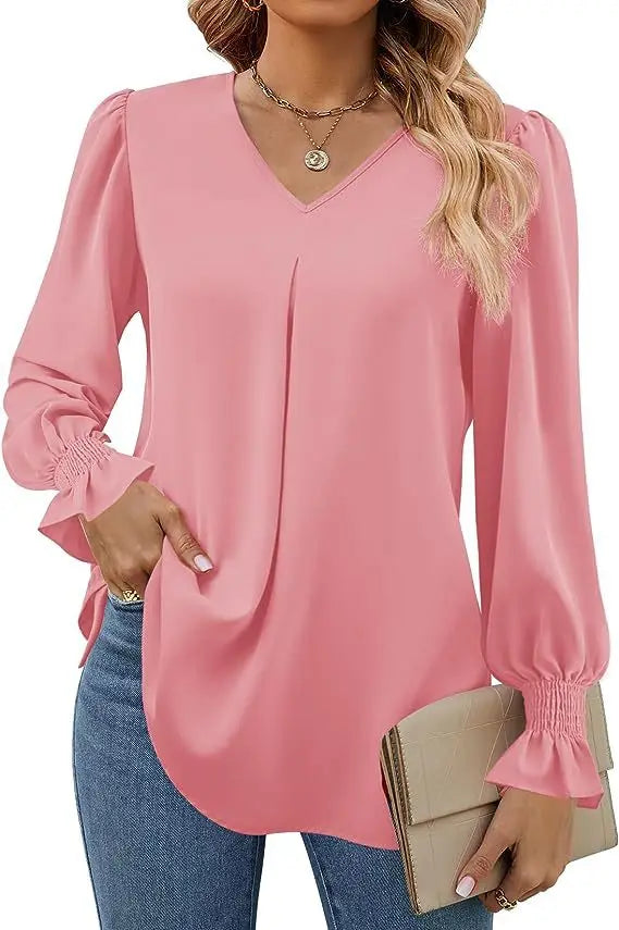 Blusa Feminina de Chiffon – Manga Longa Flare – Decote V – Office Lady Elegante