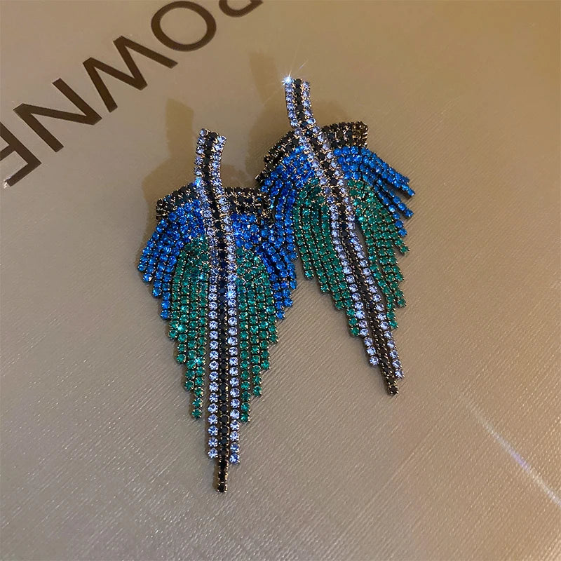 Brincos Longos Femininos com Franjas de Strass – Design Geométrico Azul, Acessório Fashion