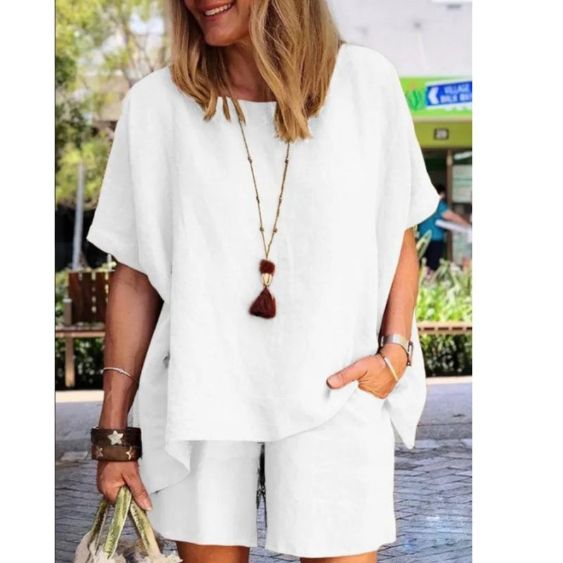 Conjunto Feminino Casual de Verão 2024 – 2 Peças: Blusa de Manga Curta + Shorts de Perna Larga, Camisa e Shorts em Algodão e Linho
