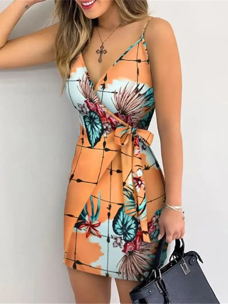 Vestido Bodycon Feminino com Alças Finas e Decote V – Ajuste Slim com Cinto de Cintura, Ideal para Festa e Cocktail de Verão