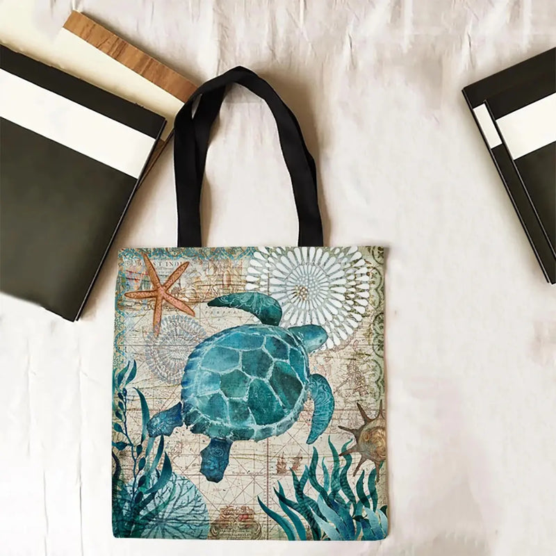 Bolsa Tote de Grande Capacidade – Estampa Tartaruga, Bolsa de Ombro para Viagem, Ecológica, em Linho, com Estampa para Mulheres