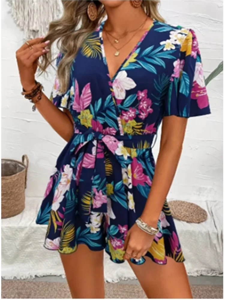 Macacão Feminino Estampado – Decote V, Manga Curta, Cintura Alta, Solto e Confortável para Verão/Praia