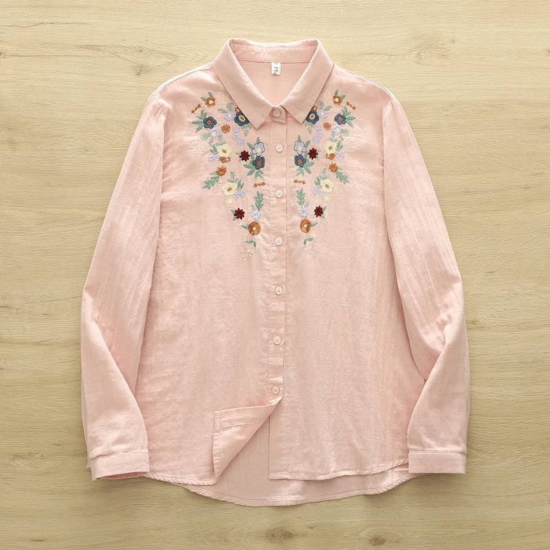 Blusa Feminina 100% Algodão – Bordado Floral, Cores Azul, Rosa e Cinza – Primavera