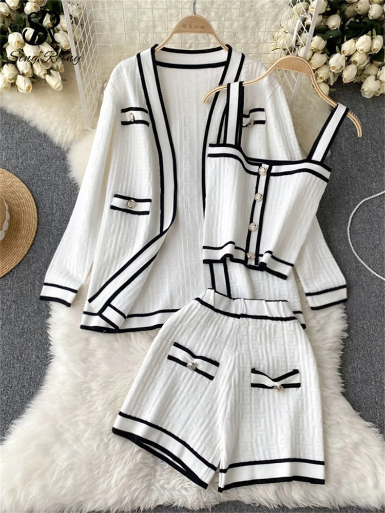 Conjunto Casual Feminino SINGREINY – 3 Peças de Outono: Cardigan de Manga Longa + Blusa de Alça Fina de Botão Único + Shorts de Cintura Alta e Elástico