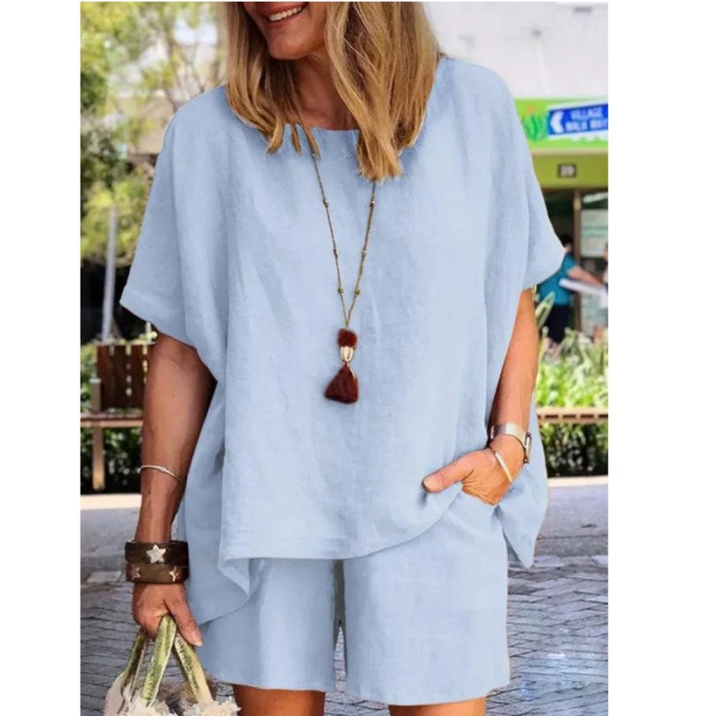 Conjunto Feminino Casual de Verão 2024 – 2 Peças: Blusa de Manga Curta + Shorts de Perna Larga, Camisa e Shorts em Algodão e Linho