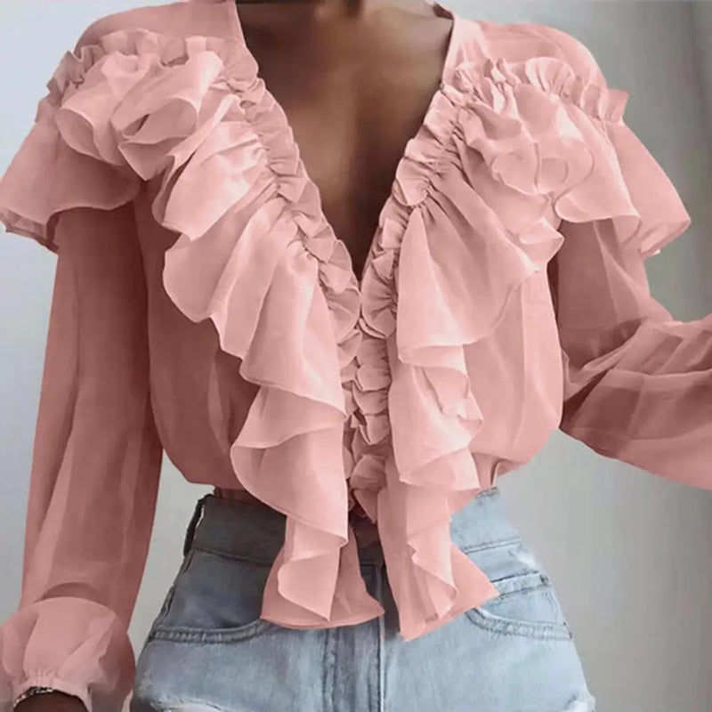 Blusa Feminina 2024 – Gola com Babados Estilo Francês, Manga Longa