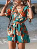 Macacão Feminino Estampado – Decote V, Manga Curta, Cintura Alta, Solto e Confortável para Verão/Praia