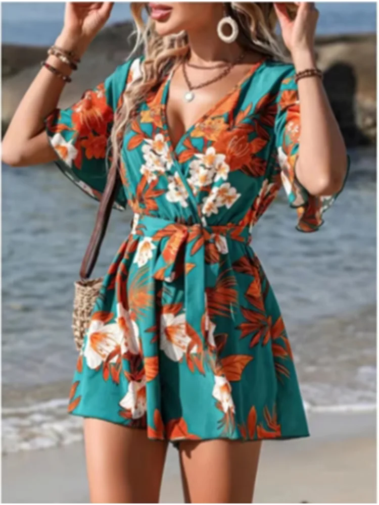 Macacão Feminino Estampado – Decote V, Manga Curta, Cintura Alta, Solto e Confortável para Verão/Praia