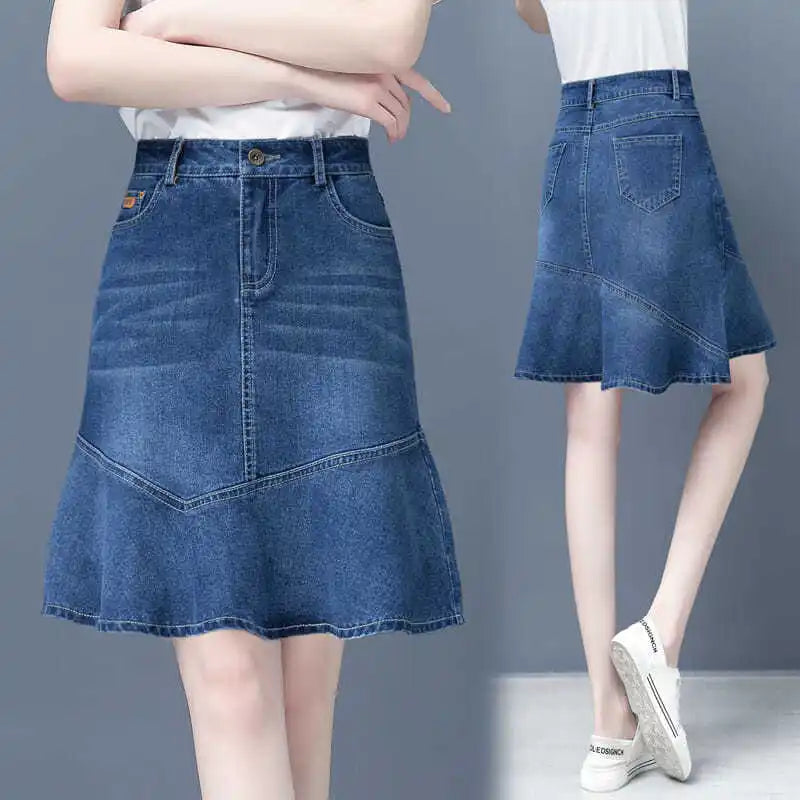 Saia A-Line Jeans Feminina – Cintura Alta, Estilo Escritório e Casual