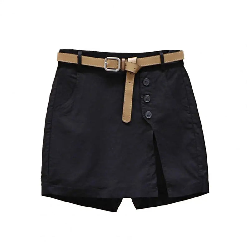 Shorts Feminino Falso Dois Peças – Cintura Alta, Botões Decorativos e Fenda Lateral