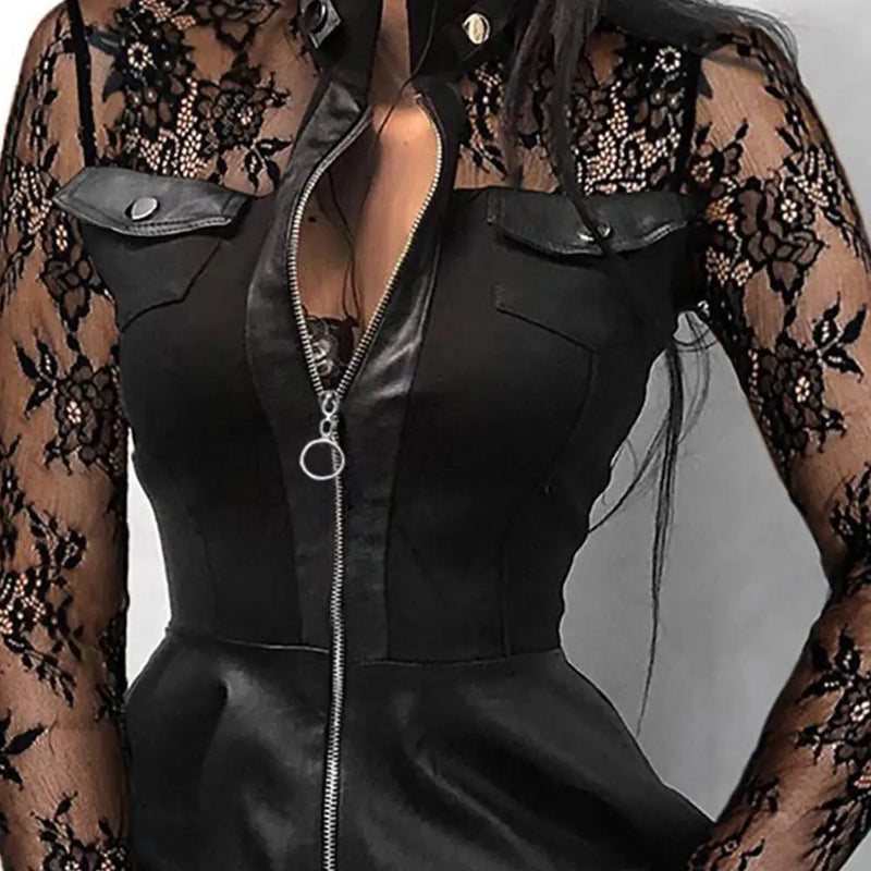 Vestido Mini de Couro Sintético Feminino – 2025, Manga Longa, Detalhe em Renda, Zíper e Bolsos