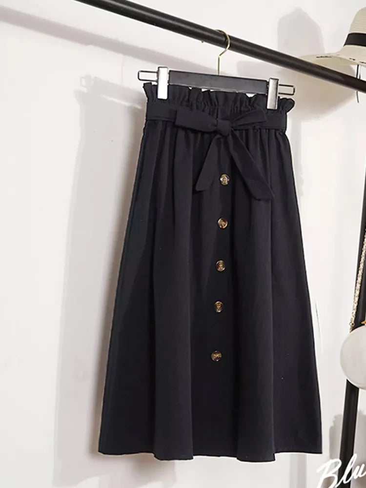 Saia Midi Feminina – Cintura Alta, Botões e Plissada Estilo Coreano
