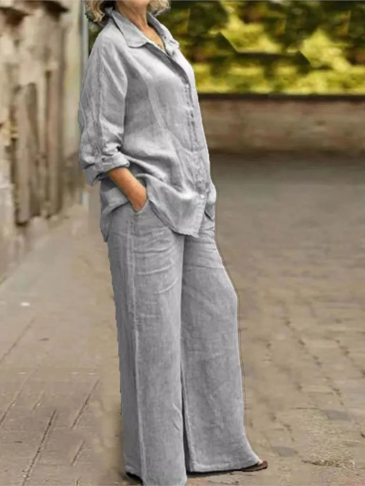 Conjunto Feminino de Algodão e Linho – Blusa de Manga Longa e Calça Pantalona Conjunto elegante e confortável para primavera e outono, composto por blusa de manga longa e calça de perna larga em algodão e linho