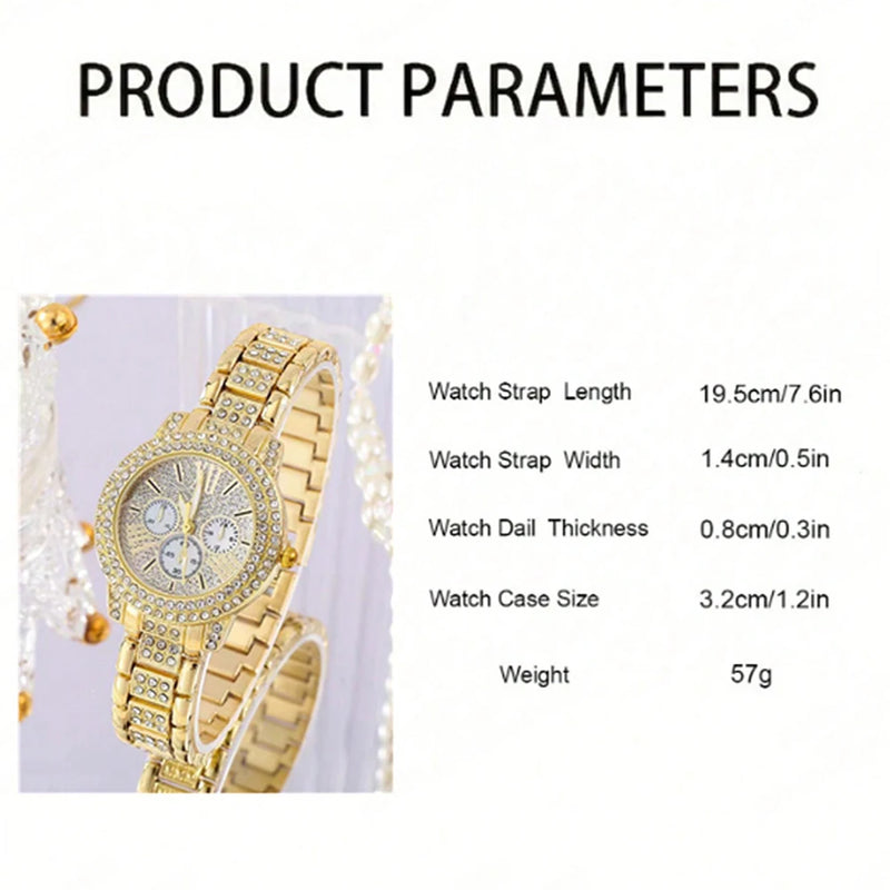 Conjunto feminino elegante, incluindo relógio de pulso, anel, colar e brincos, todos com detalhes em strass. Relógio com movimento quartz confiável e design fashion dourado, ideal para complementar looks casuais ou ocasiões especiais