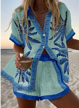Conjunto Feminino 2 Peças 2025 – Camisa de Botões + Shorts Pantalona Estampados