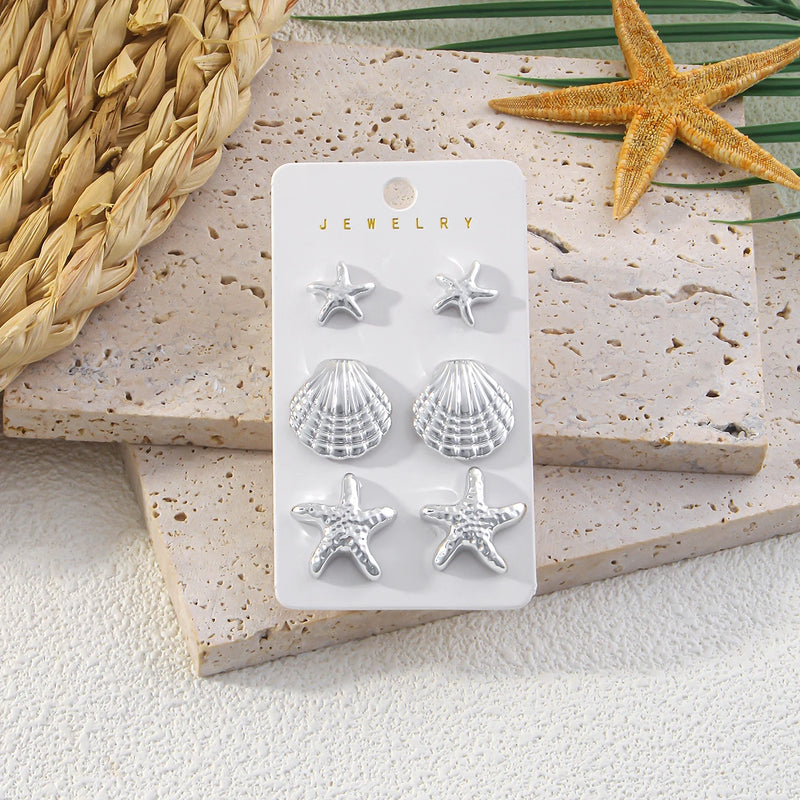 Conjunto de 6 Brincos Stud Estrela-do-Mar e Concha – Moda Verão, Jóias de Praia para Mulheres