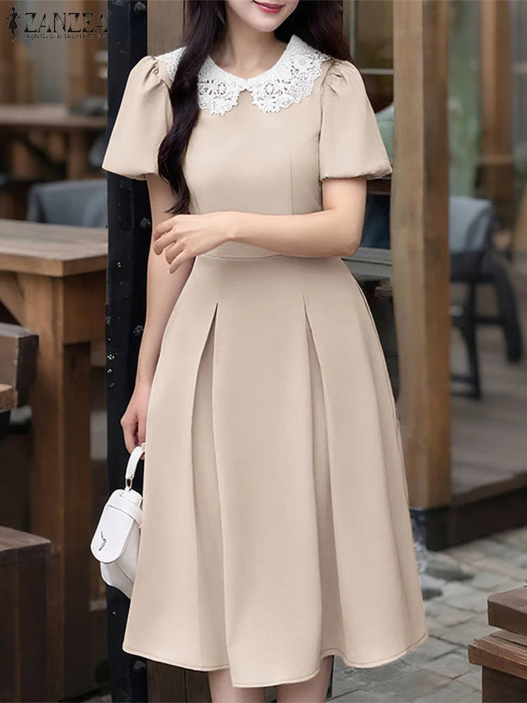 025 ZANZEA Vestido Feminino Estiloso para Festa – Vestido Elegante de Verão com Manga Bufante Curta, Modelo para Trabalho/Escritório, Vestido Plissado, Sundress Midi em Linha A.