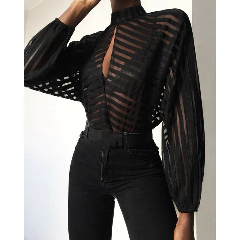 Blusa Feminina Preta – Transparente Listrada com Manga Longa