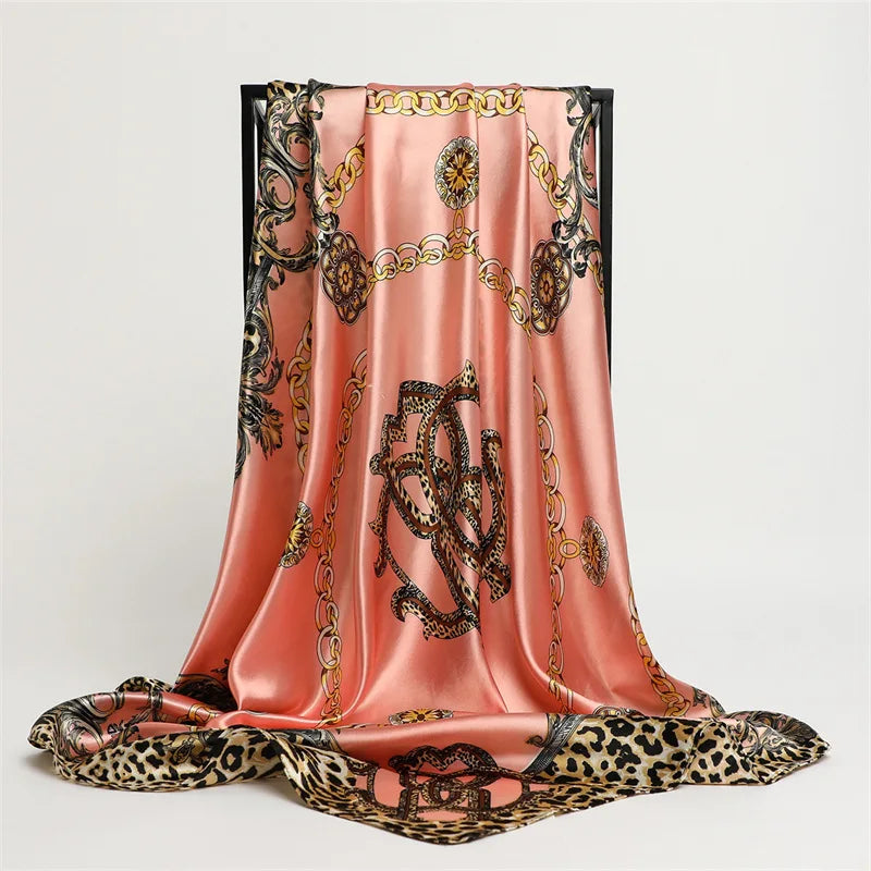 Lenço de Seda Feminino 90x90cm – Estampa Quadrada Grande, Versátil como Bandana, Hijab, Echarpe ou Acessório de Cabelo