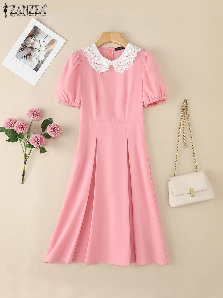 025 ZANZEA Vestido Feminino Estiloso para Festa – Vestido Elegante de Verão com Manga Bufante Curta, Modelo para Trabalho/Escritório, Vestido Plissado, Sundress Midi em Linha A.