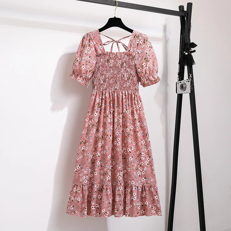 Vestido Feminino Primavera/Verão Chiffon Manga Curta Cintura Elástica A-Line Casual
