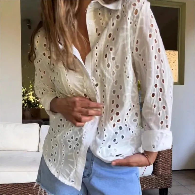 Blusa Feminina Fashion Primavera/Outono – Bordada, Vazada, Gola Clássica