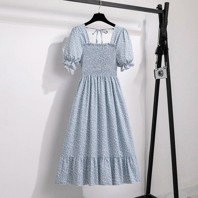 Vestido Feminino Chiffon Primavera Verão – Manga Curta, Cintura Elástica e Saia Plissada