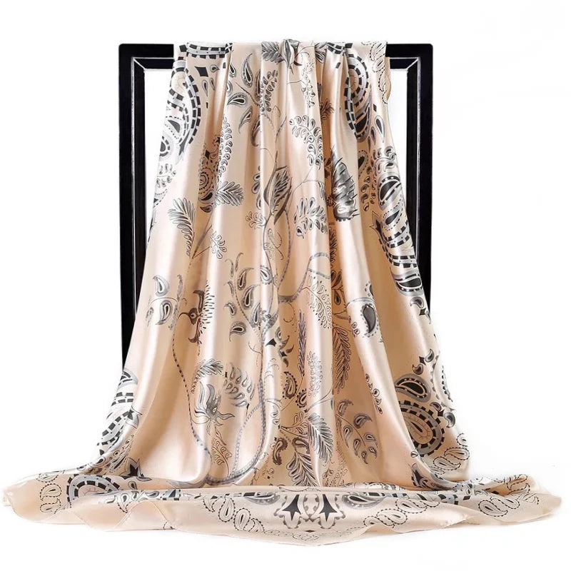 Lenço Quadrado Feminino 90x90cm – Cetim Toque de Seda, Estampado Fashion, Echarpe/Scarf/ Bandana de Luxo
